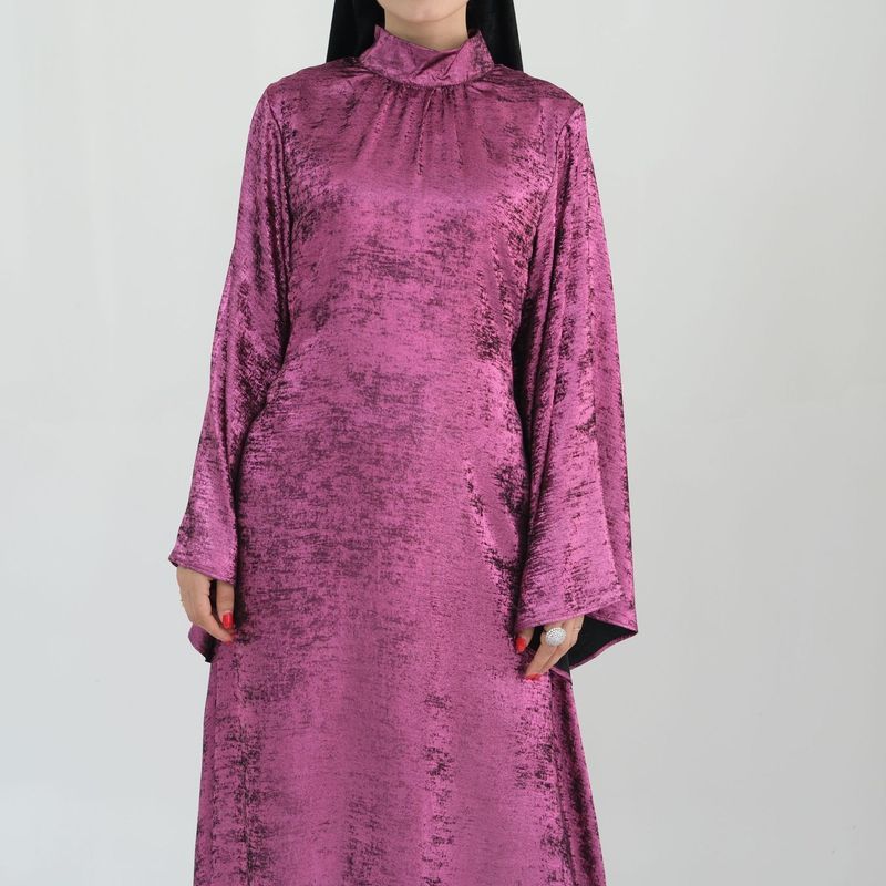 

Middle East Stand Collar Belt Glossy plus Size Robe Dubai Flared Sleeves plus Size Dress plus-Size Dress Rose Red 2XL