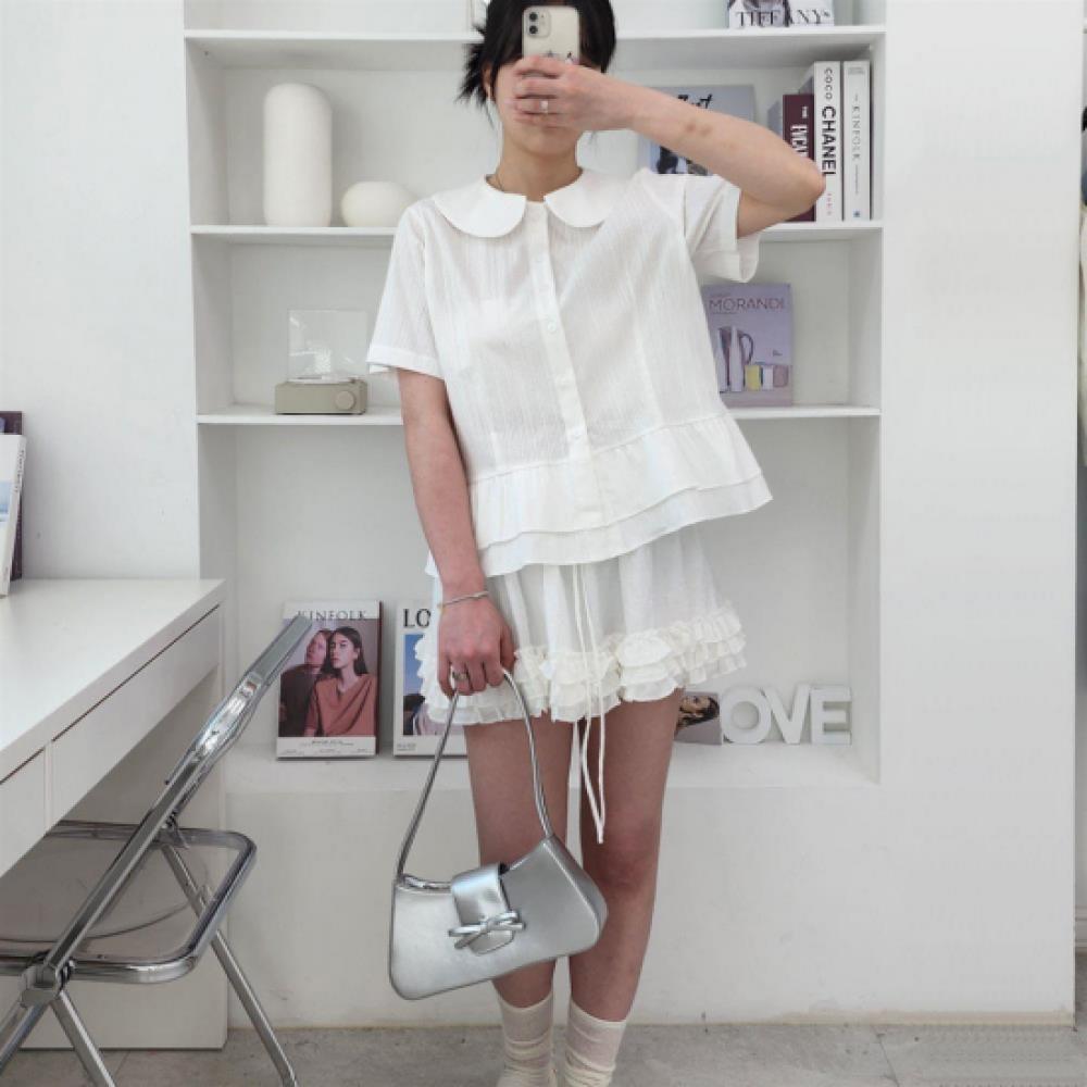 New Arrivals Open Run Women Frill Sleeve Summer Short Sleeve Blouse Round Collar