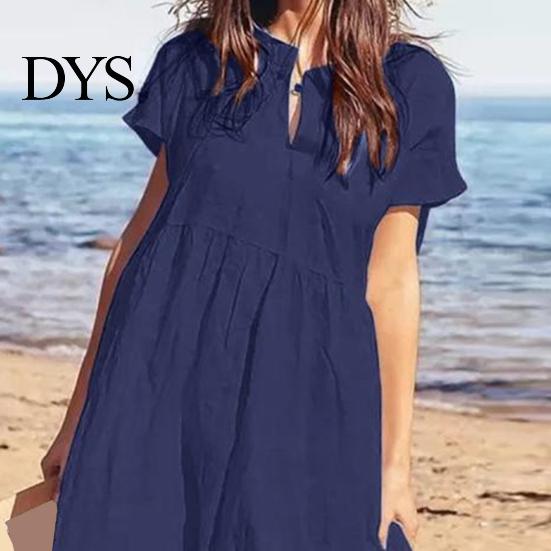 Casual Chic Women Dress Women's Cotton Linen Maxi Short Sleeve V-Neck Lightweight Summer For Sundress Loose Beach Pleated Long for Vacation