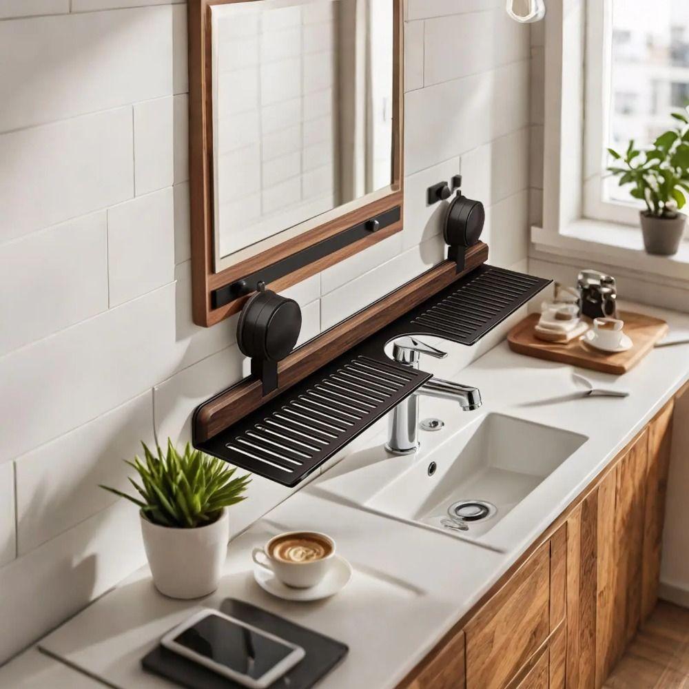 Walnut Finish Suction Cup Bathroom Shelf Wall Mount Shower Shelf Over Faucet Sink Rack  Bathroom