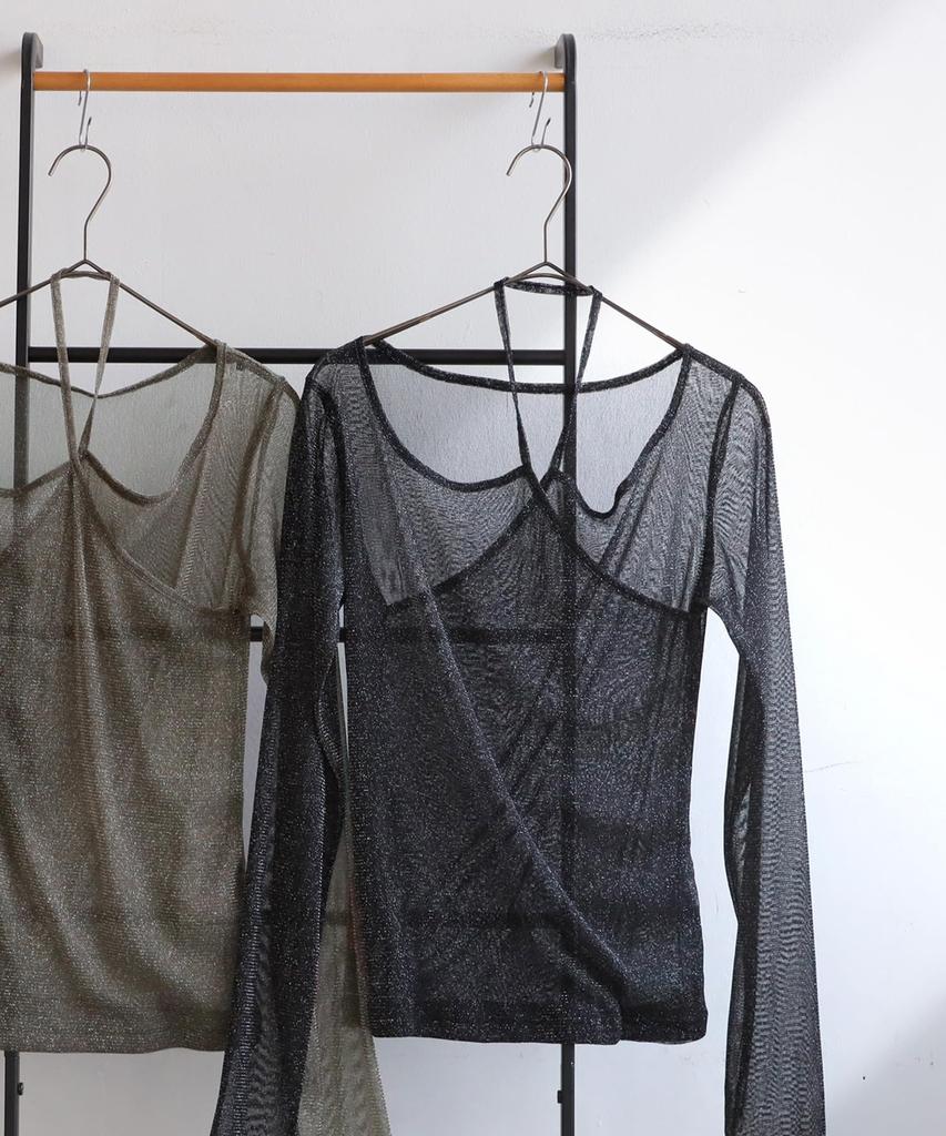 antiqua Women's Lamé Sheer Top, Long Sleeve, Tulle, ATR-00002, One Size 02, Olive Khaki