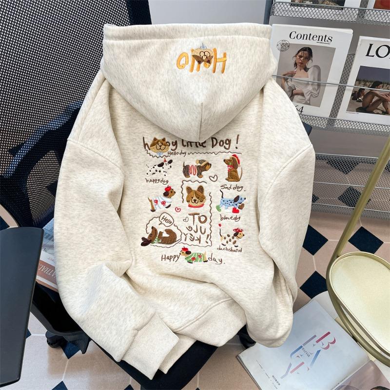 Autumn and winter retro heavy industry machine embroidered hooded sweater women's embroidered versatile velvet thickened warm jacket