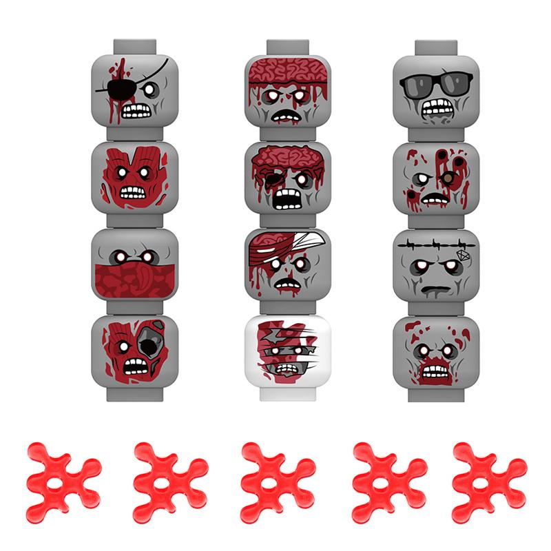 MOC Militär Zombie Verletztes Gesicht Zubehör Bausteine Armee Soldaten Figuren Kopf Emotionale Waffe Teile Mini Steine Spielzeug