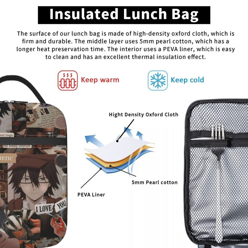 Bungou Stray Anime Collage Insulated Lunch Bag for Women Children Leakproof Food Boxes Thermal Lunch Box Tote