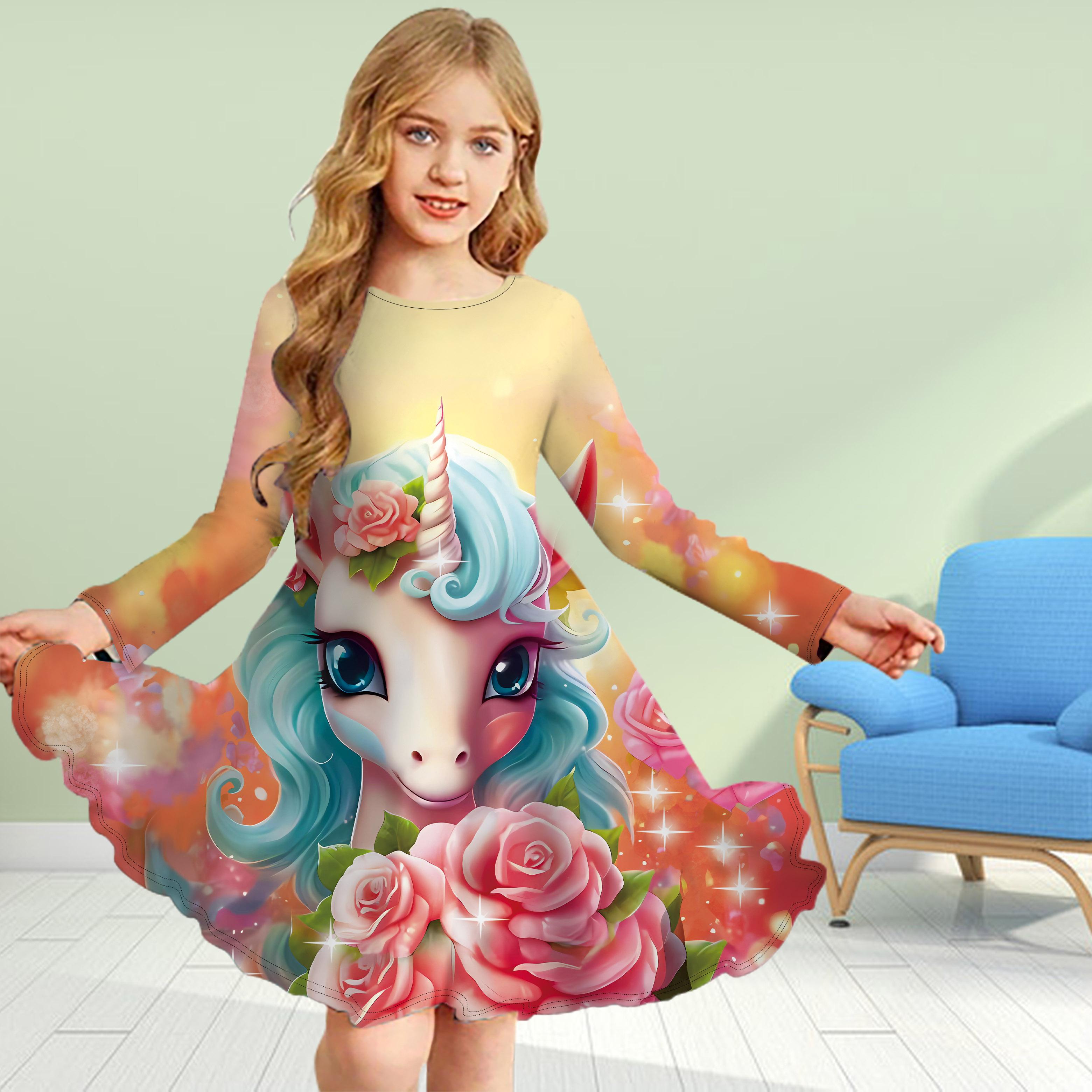 

Повседневное платье для девочек с 3D-принтом, оранжевой розой и единорогом, с круглым вырезом и длинными рукавами, детское платье принцессы 180 оранжевый