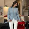 Women's Light Blue Long Sleeve Lapel Blazer Gold Buttons Casual Jacket