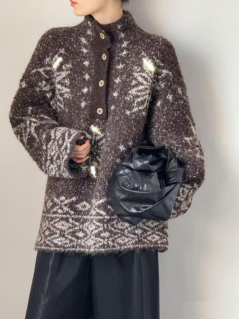 Orange Zest Fair Isle Winter 2025 Wool Blend Thick Knit High Neck Sweater for Women 5041 - Old Money Style