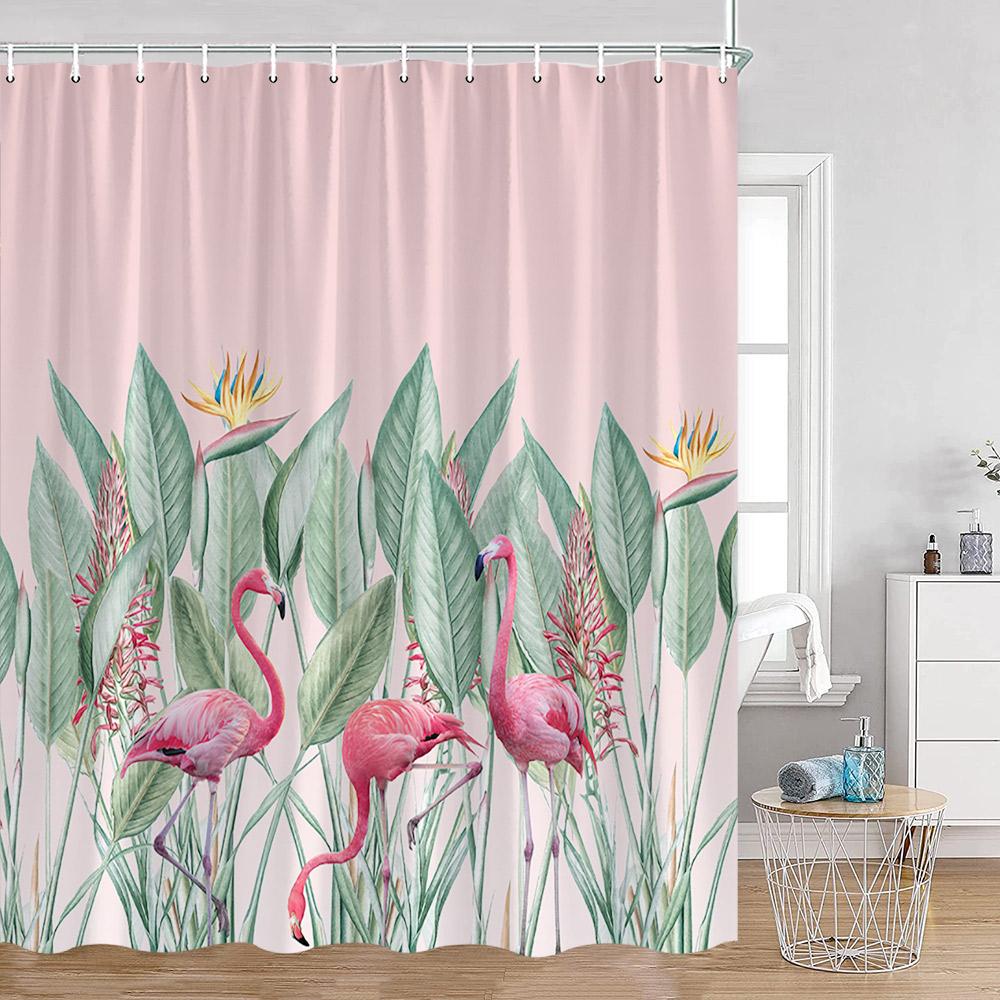 Flamingos Shower Curtains Tropical Leaves Pink Birds Green Plants Bathroom Curtain Polyester Fabric Home Decorations with Hooks