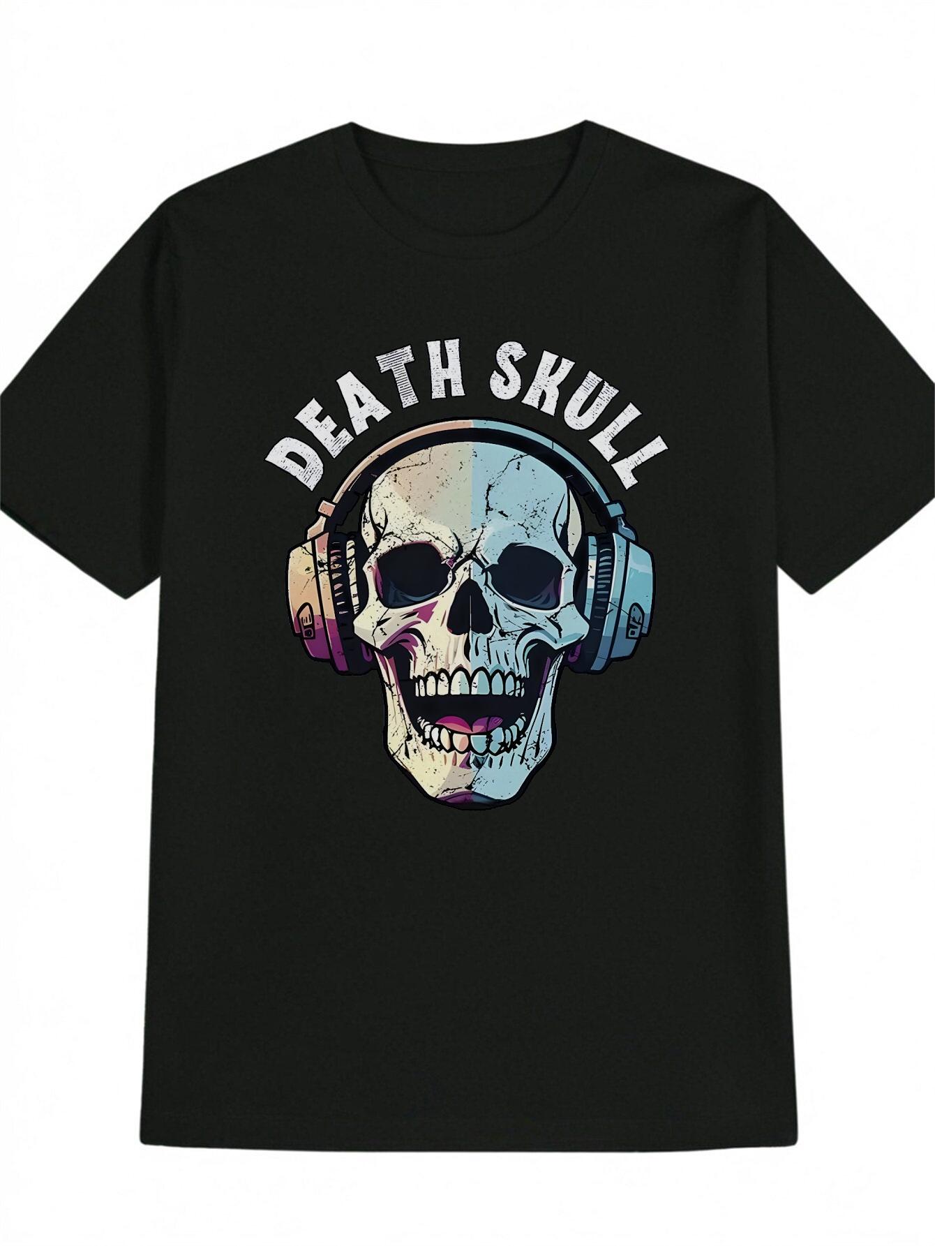 Casual Skull Headphone Graphic T-shirt - Black Round Neck Tee with Vibrant Skull & Earphone Print M