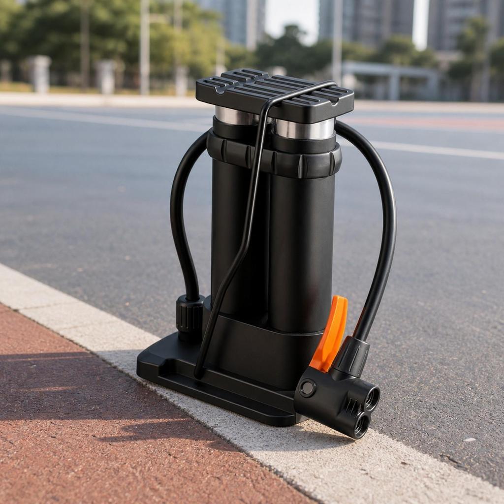 Compact Bike Foot Pump | Wide Non-Slip Pedal, Double Cylinder Pump,