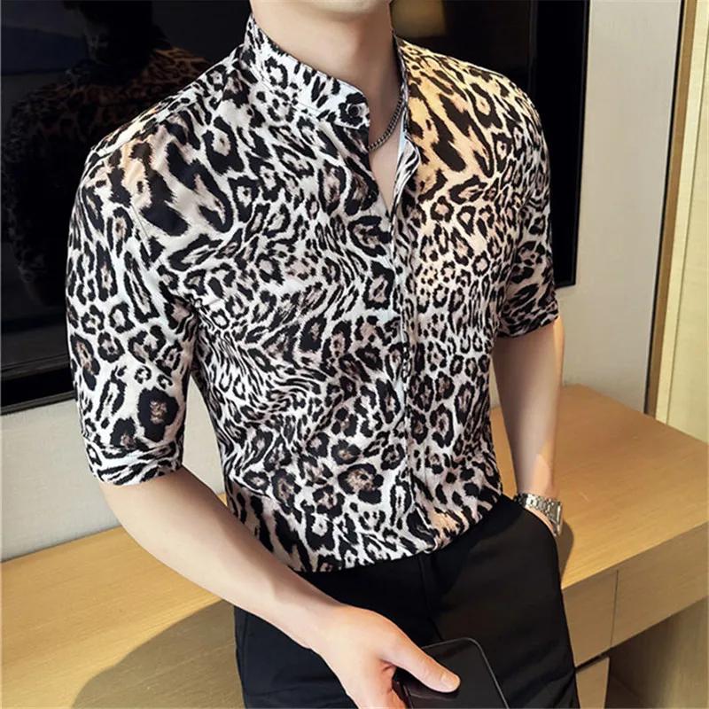 

Summer Thin Men s Stand Collar Half Sleeve Casual Shirts Classic Style Leopard Fashion Shirt Men Slim Fit Youthful Vitality Tops 4XL хакі