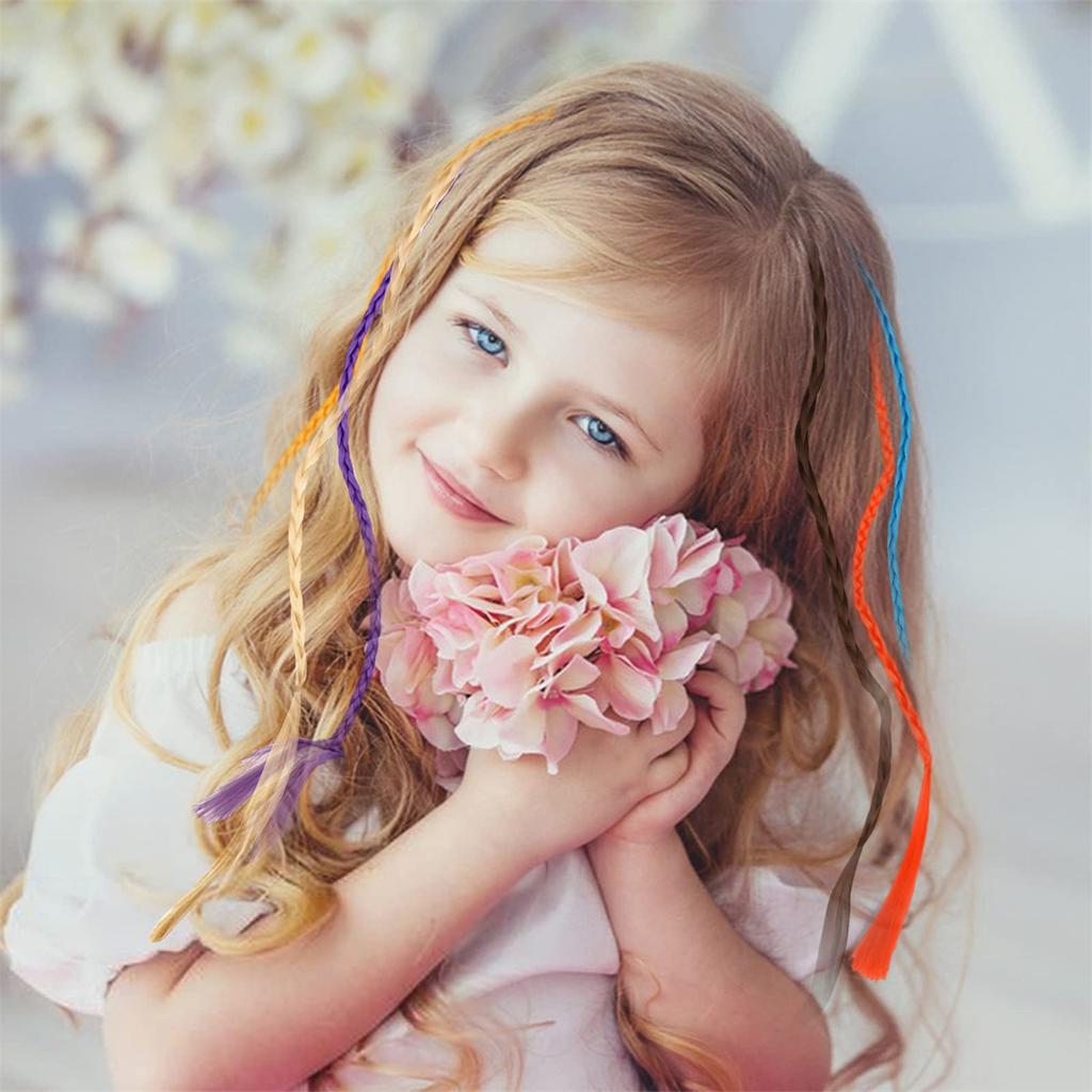 6Pcs/Set Colorful Rainbow Braided Hair Extensions with Clips Girls Ponytail Hairpieces Kids Hair Accessories