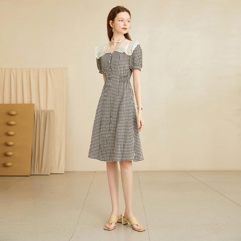 Bailuyu Summer Plaid Contrast Doll Collar Dress