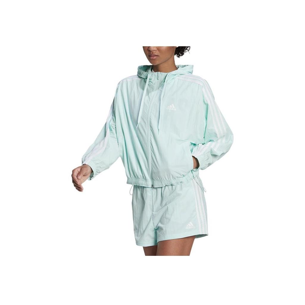 Adidas Solid Stripe Print Logo Zip Hoodie Jacket Women Outerwear Green HC9158