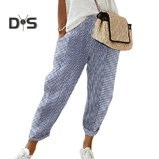 

Женские повседневные брюки с эластичной талией и средней посадкой, летние жаккардовые длинные брюки с карманами, полосатые брюки свободного кроя M светло-синий