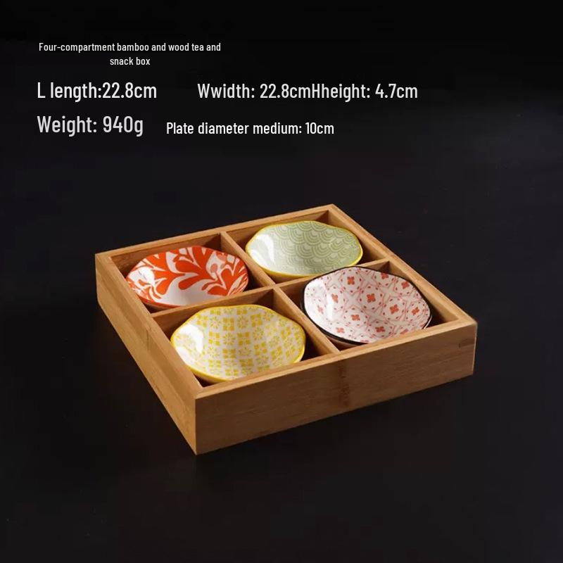 Nine-Compartment Solid Wood & Ceramic Tray for Dried Fruits, Nuts & Tea Snacks - Chinese & Japanese Style.
