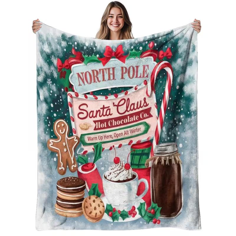 1pc Cozy Santa Claus Hot Chocolate Flannel Blanket - North Pole Winter Theme with Gingerbread, Candy Canes & Snowflakes Blanket
