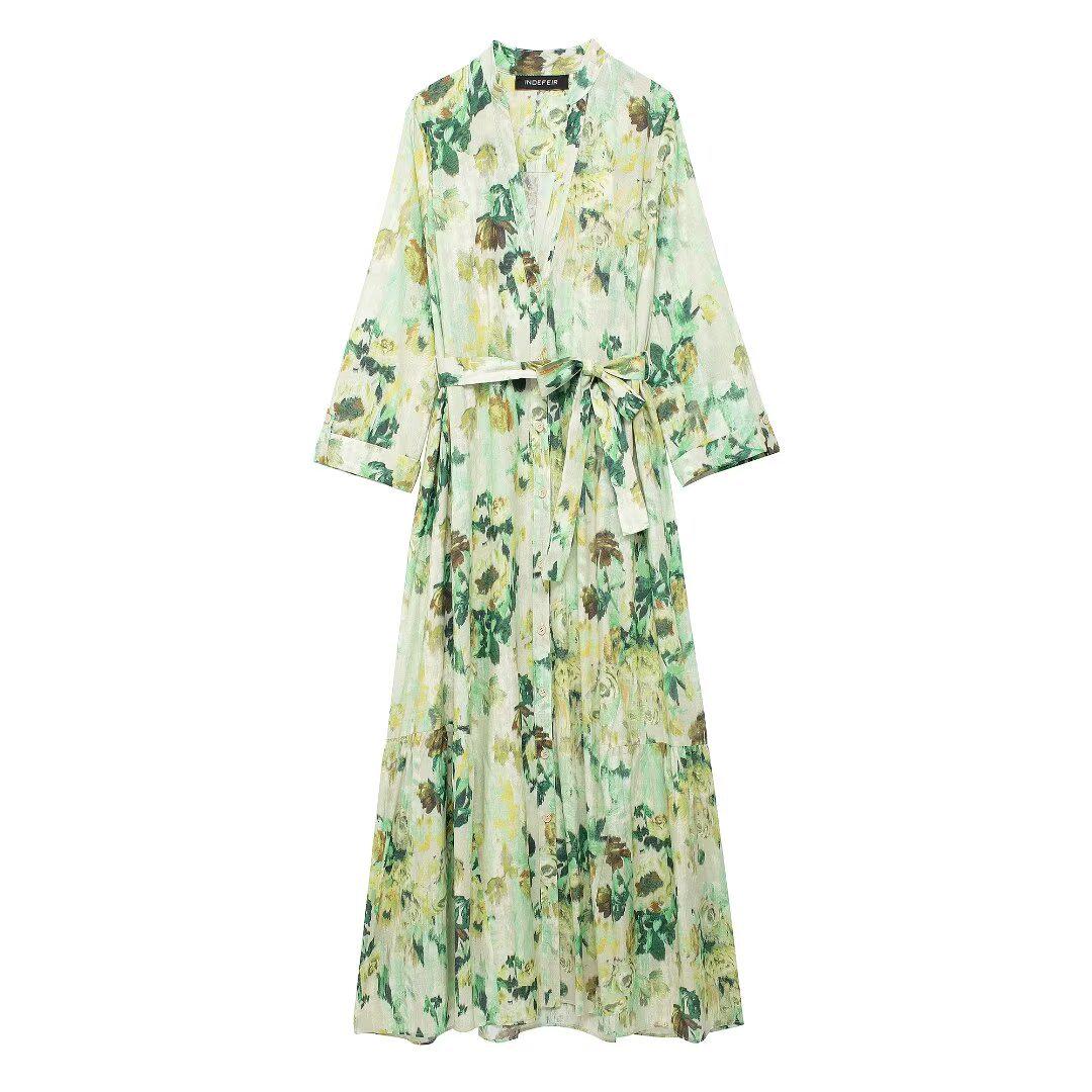 

2024 Women s Green Printed Lace-up Midi Dress with Long Sleeves M