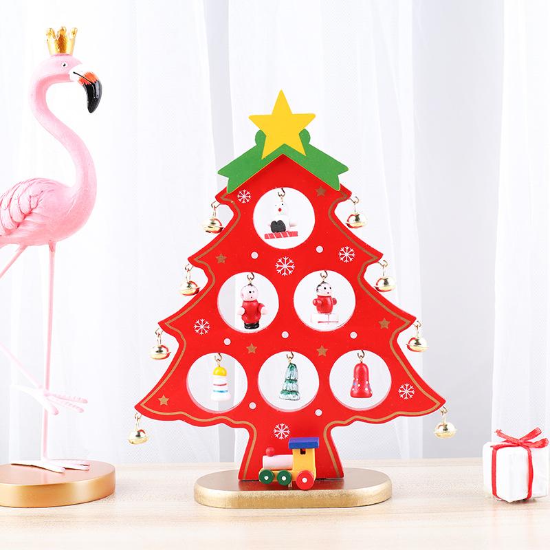 Holiday Tabletop Decor Carved Wood Xmas Tree 6 Hole Centerpiece for Mantel Scene Christmas Village Diorama Craft Ornament