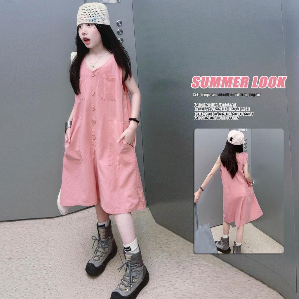 Ärmellose Baumwoll-Leinen-Overalls für Mädchen - Trendiger Koreanischer Stil Weite Beinshorts für den Sommer