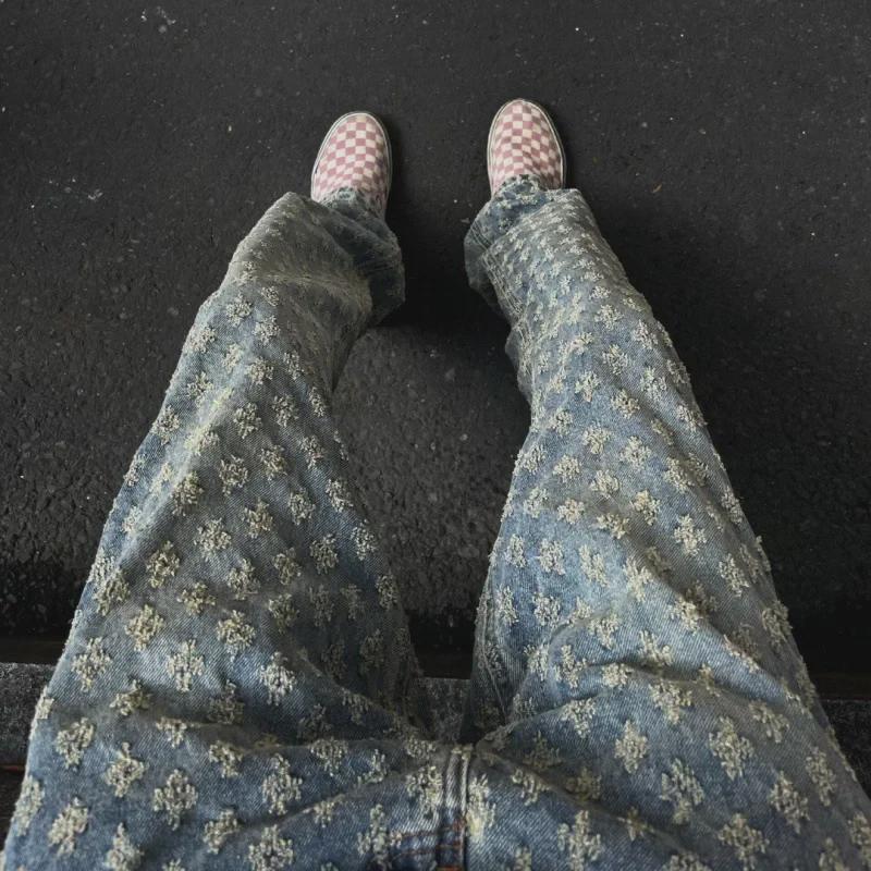 European & American Hip-Hop Streetwear: Men's Trendy Jacquard Full-Print Slim Flared Jeans