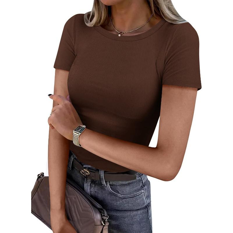 Women European Casual Slim Fit Ribbed Crew Neck Short Sleeve T Shirt