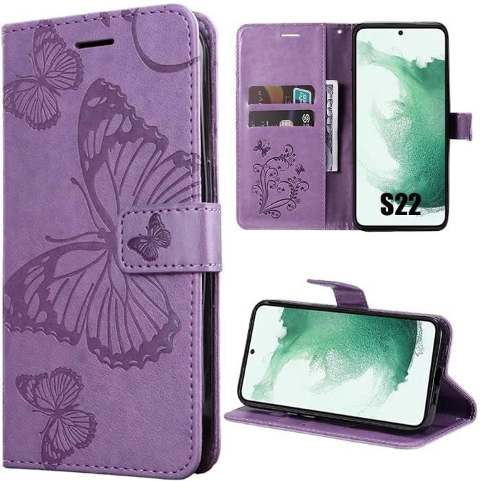Coque de protection - BOOLING - pour Samsung Galaxy S22 - Motif Papillon - Effet Cuir Violet - Fermoir Magnétique