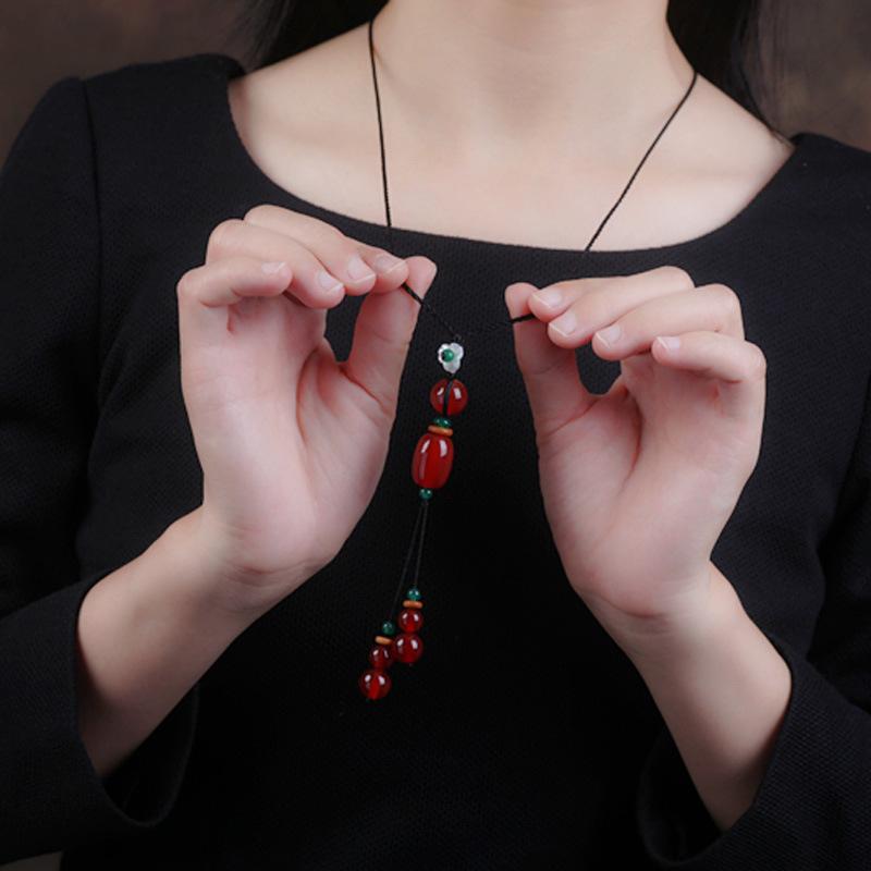 GEMCHIC Women's Ethnic Style Red Agate Long Necklace Vintage Glass Bead Pendant Sweater Chain Boho Jewelry Gift