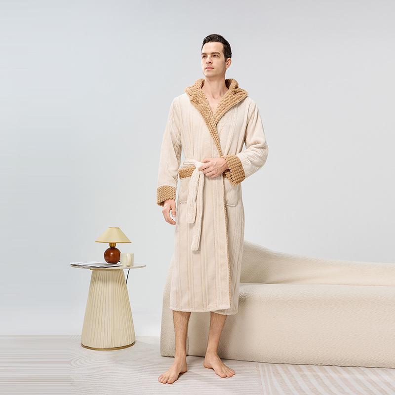 Cozy Couple Jacquard Fleece Long Robe - Hooded Autumn/Winter Bathrobe for Men & Women