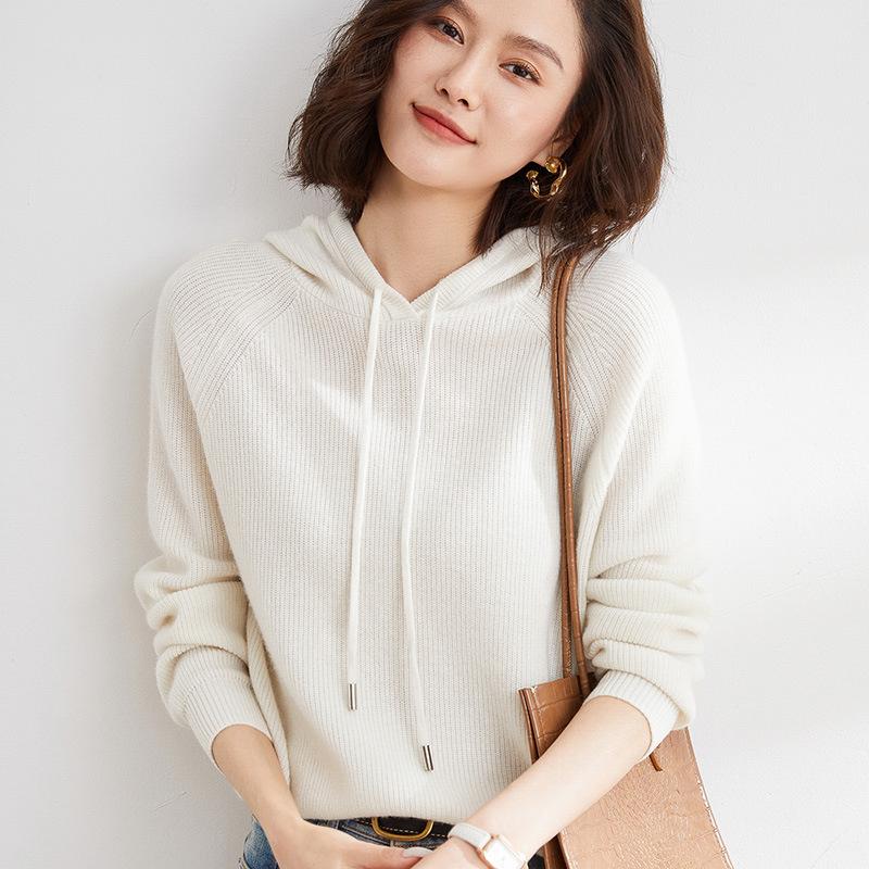 INDFS Женская мода повседневная осень-зима однотонный принт длинный рукав с капюшоном свитера S 80-475kg белый 1980₽