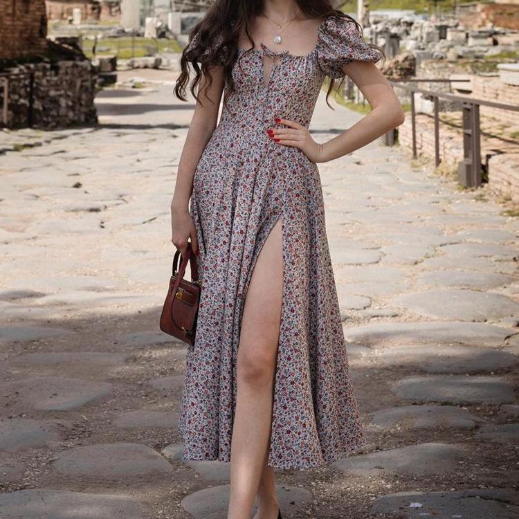 2026 Spring Women's Elegant Floral Slit Lace-up Dress - European & American Style