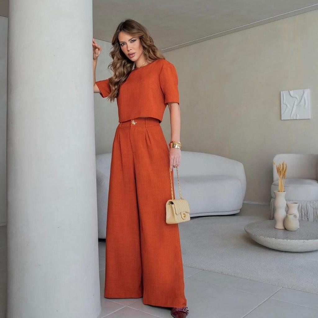 Summer 2024 Women's European & American Round Neck Slim Top and Wide-Leg Pants Set