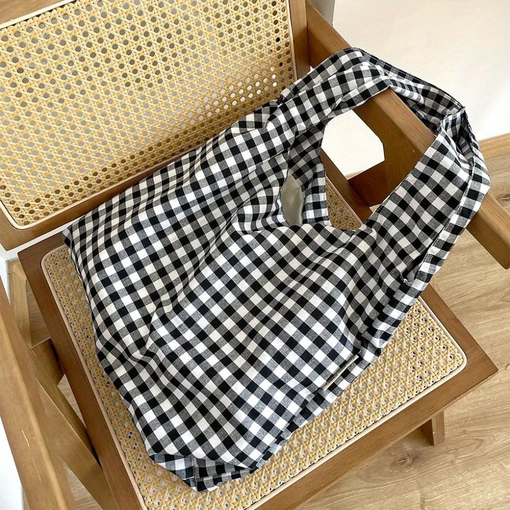 Women's Large Capacity Lightweight Foldable Tote Bag with Plaid Pattern -Suitable for Commuting, Travel, Camping Handbag