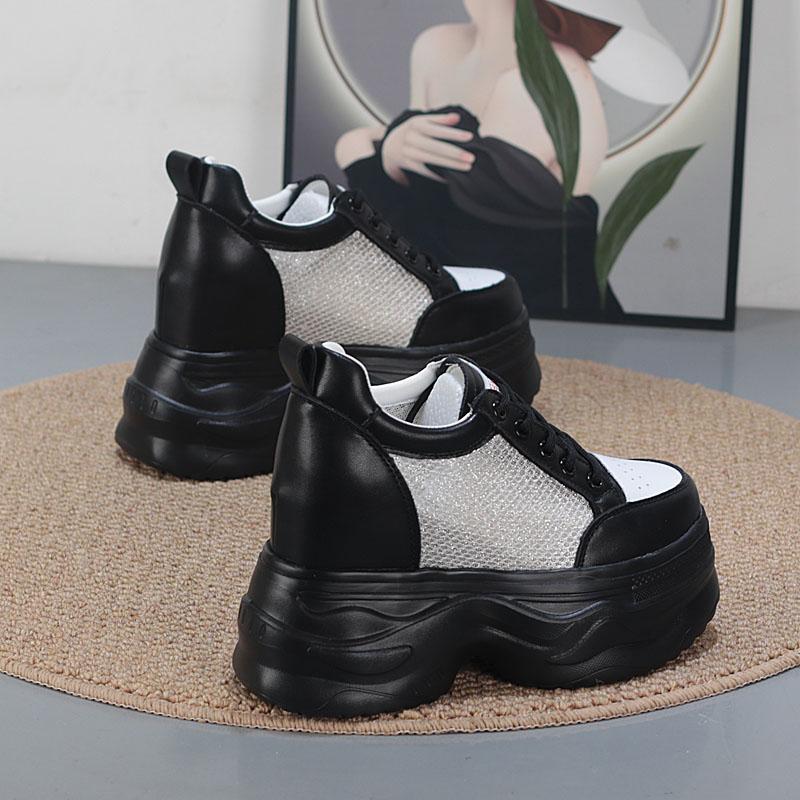 Fashion 12CM Air Mesh Microfiber Leather Ankle Boots Hollow Chunky Sneaker Women Comfy Summer Mixed Color Fashion Vulcanize Shoes