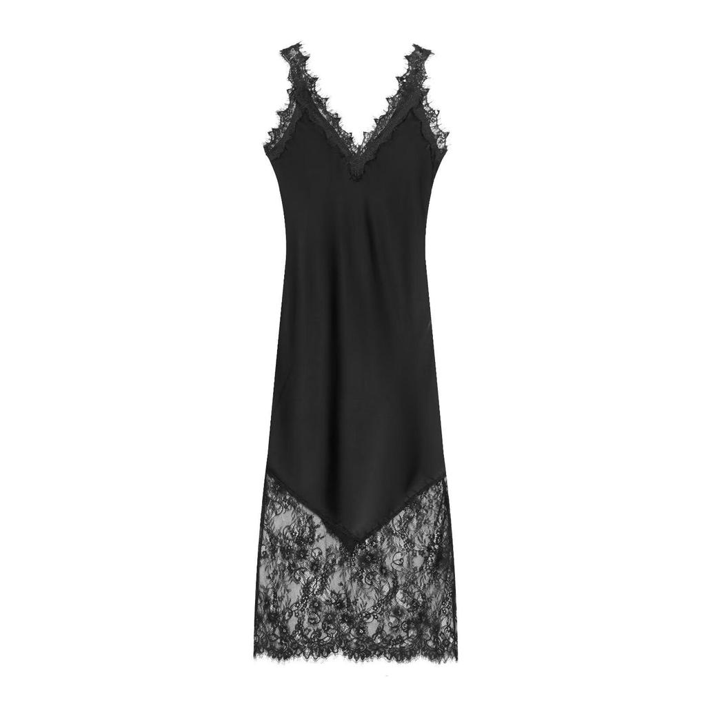 2026 Spring European Style Satin Dress with Eyelash Lace Trim