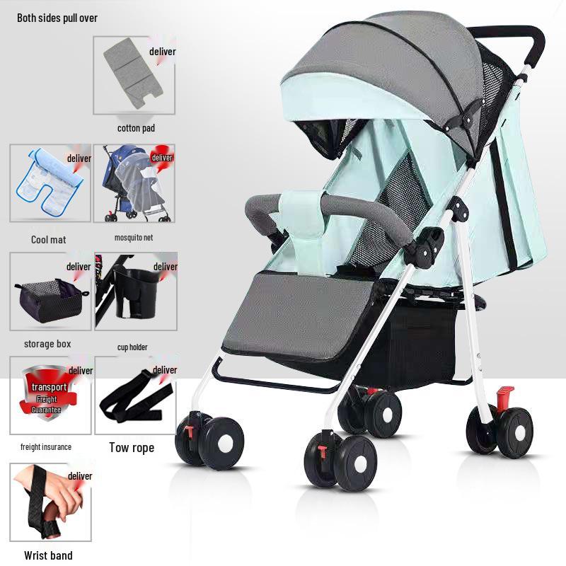 Lightweight Foldable Stroller: Sit or Lie Position, Four-Wheel Design, One-Key Fold for Kids and Babies.