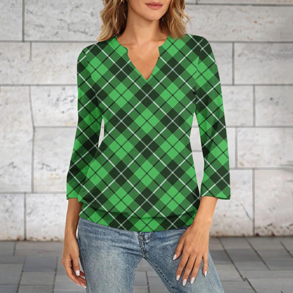 Damen 3/4 Ärmel Oberteil Saum V-Ausschnitt Sommer Lässig Hemd Kariert Bedrucktes Oberteil