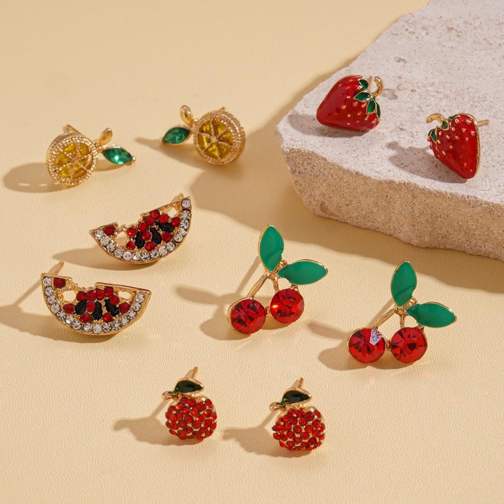 Crystal Rhinestone Mini Cherry Earrings Strawberry Lemon Small Fruits Ear Stud  Women