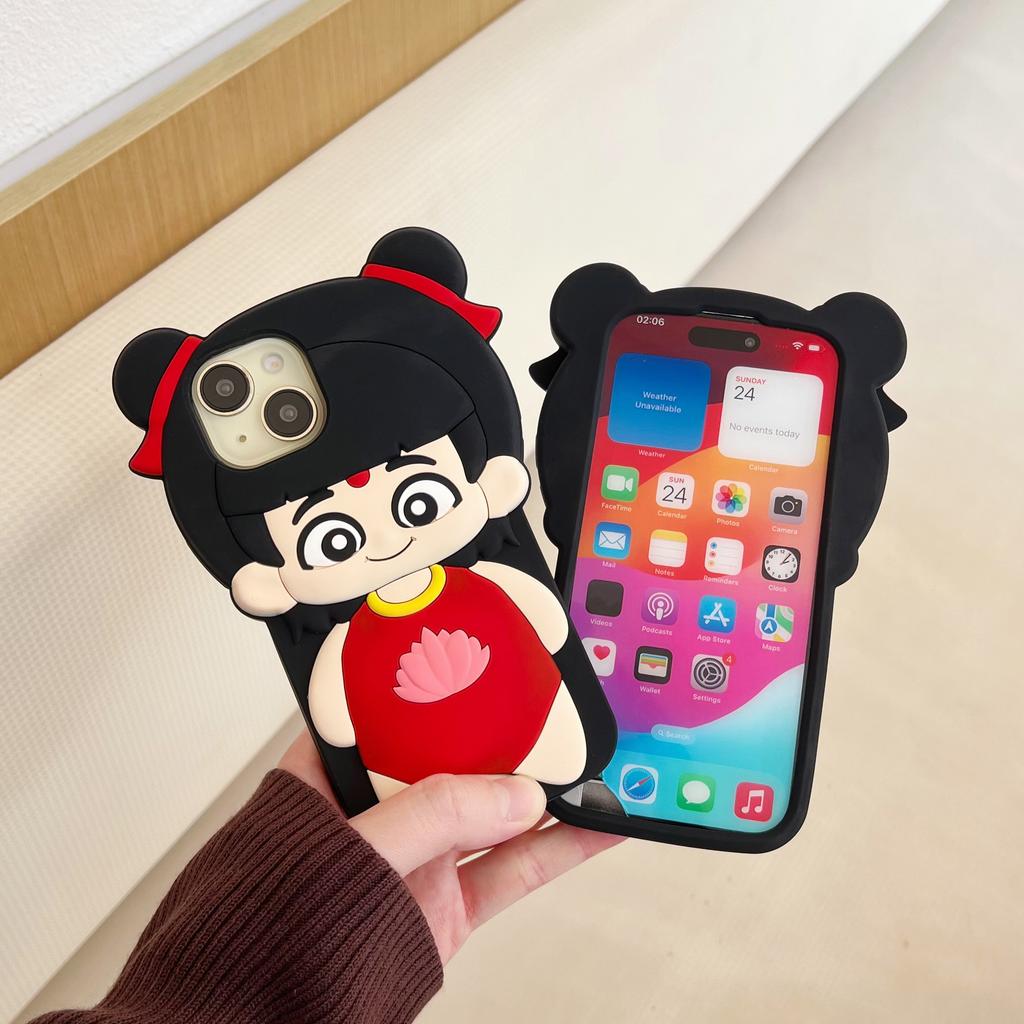 For iPhone 15 Silicone Case Cute Nezha Baby Design Shockproof Phone Back Cover