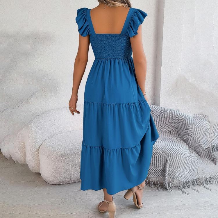 Autumn Winter Women Elegant High Waist Pleated Dress Short Sleeve Solid Color Lace Up Fashion