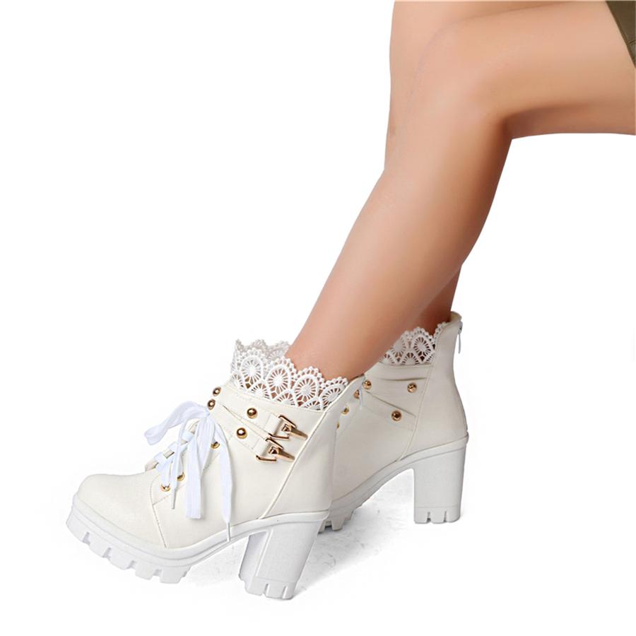 FOREADA Women Ankle Boots Round Toe Thick High Heels Rivets Zipper Lace-up Platform Lace Short Boots Ladies Fashion Shoes Autumn Winter