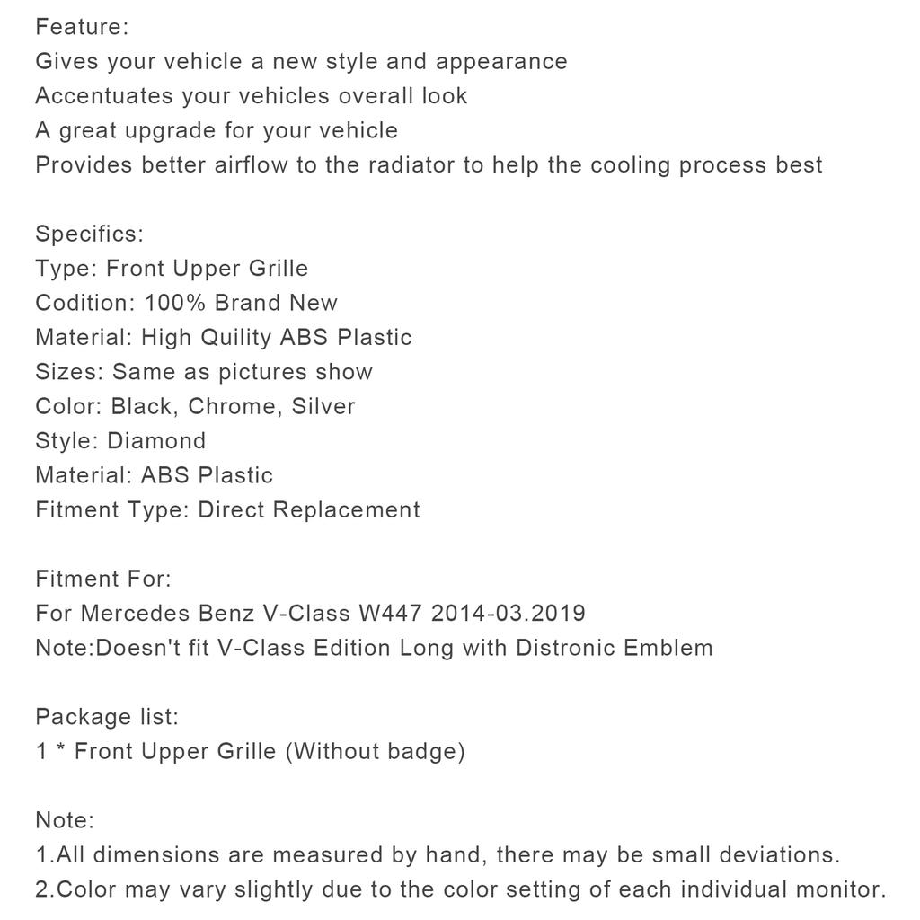 Grilă frontală superioară cu diamant potrivită pentru Mercedes Benz V Class W447 2014-03.2019