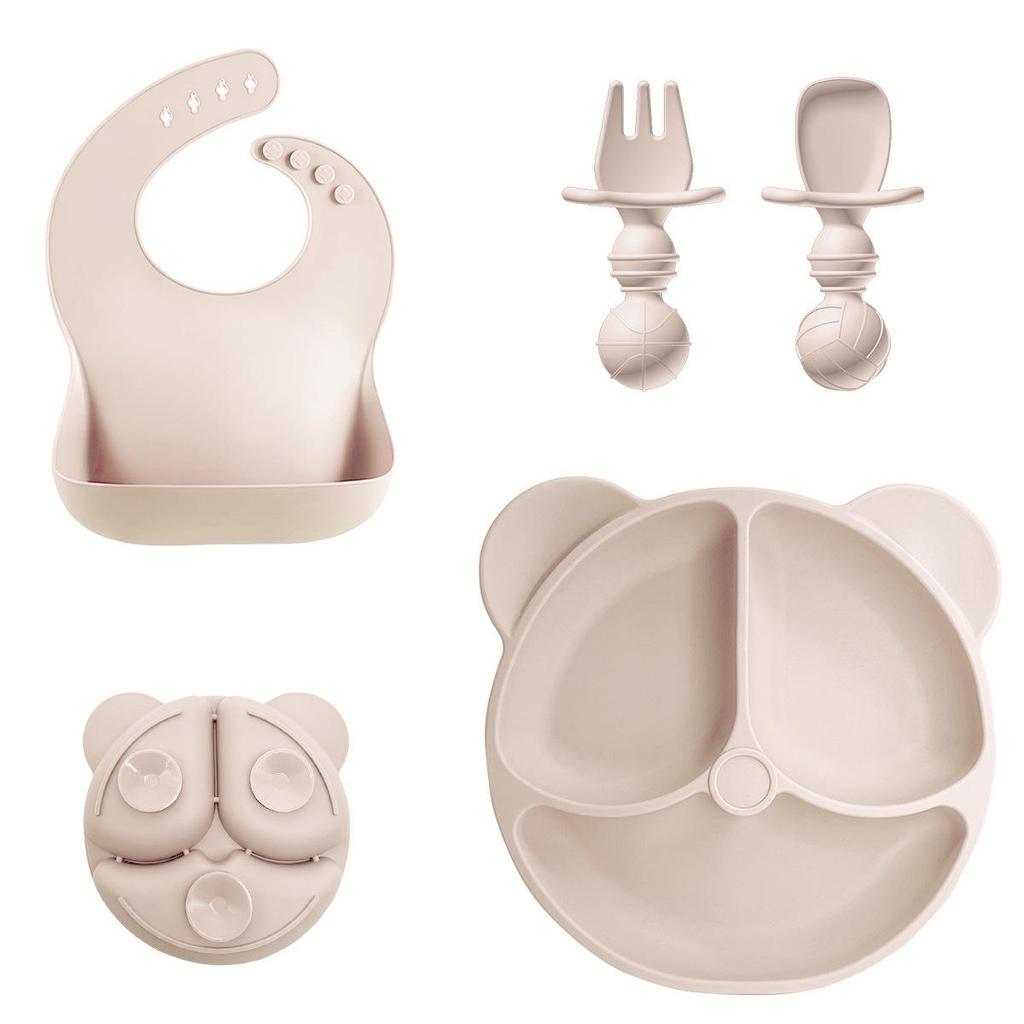 Silicone Cartoon Bear Baby Plate & Bowl Set with Integrated Suction Cup - Children's Tableware & Utensils
