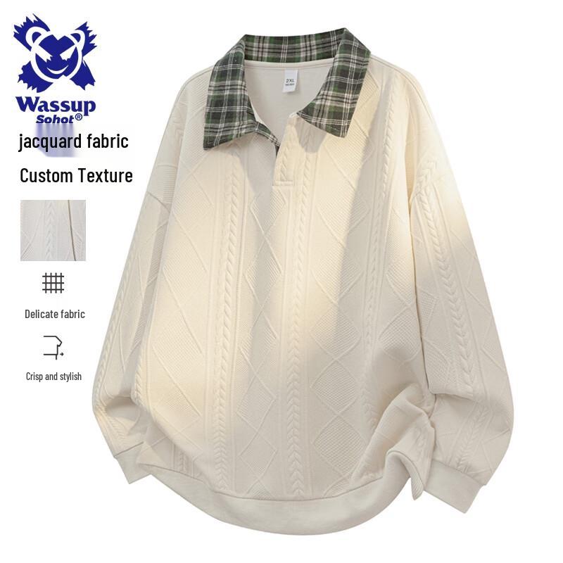 Wassup Sohot Men's American Style Color-block Lapel Fake Two-Piece Polo Sweatshirt