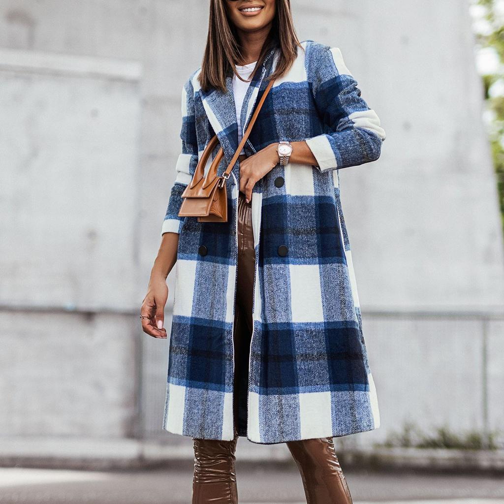 Women's Medium Plaid Double Breasted Long Sleeves Pocketless Coat Outwear