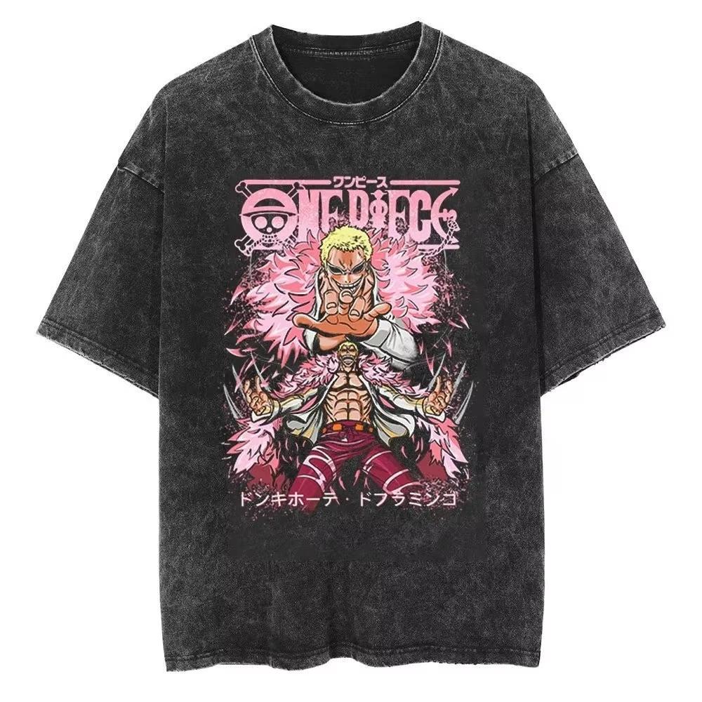 New ONE PIECE Japanese Anime Donquixote Doflamingo Mens and Womens Tshirts Cotton Washed Old Retro Yk Short Sleeves