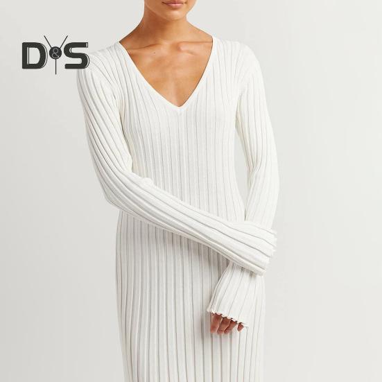 Fall Winter Women Dress V Neck Threa Loose Long Sleeves Solid Color Knitted Slim Waist Maxi Dress Stretchy Casual Dating Commuting Dress