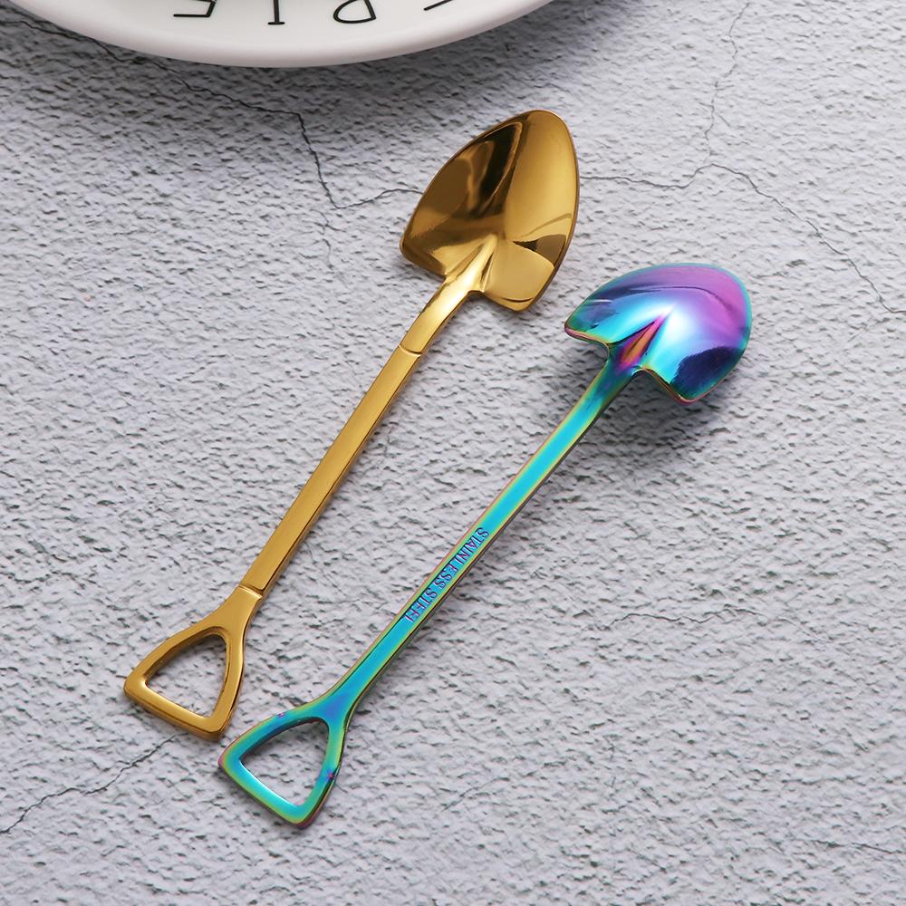 Multi-color Stainless Steel Spoon Fork Shovel Shape Ice Cream Spoon Creative Long Handle Ice Cream Coffee Tools Kitchen Supplies