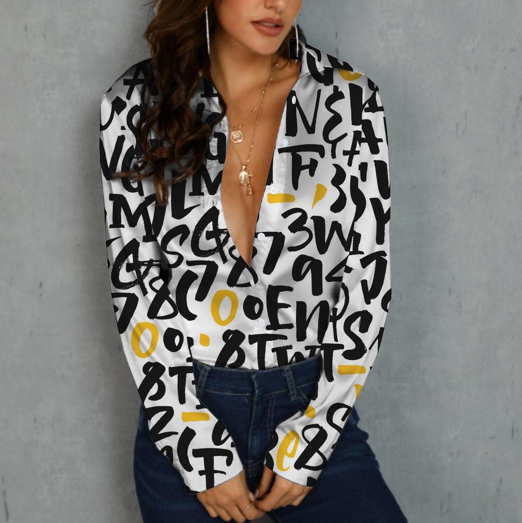Women's Trendy Long-Sleeve Digital Print Button-Down Shirt