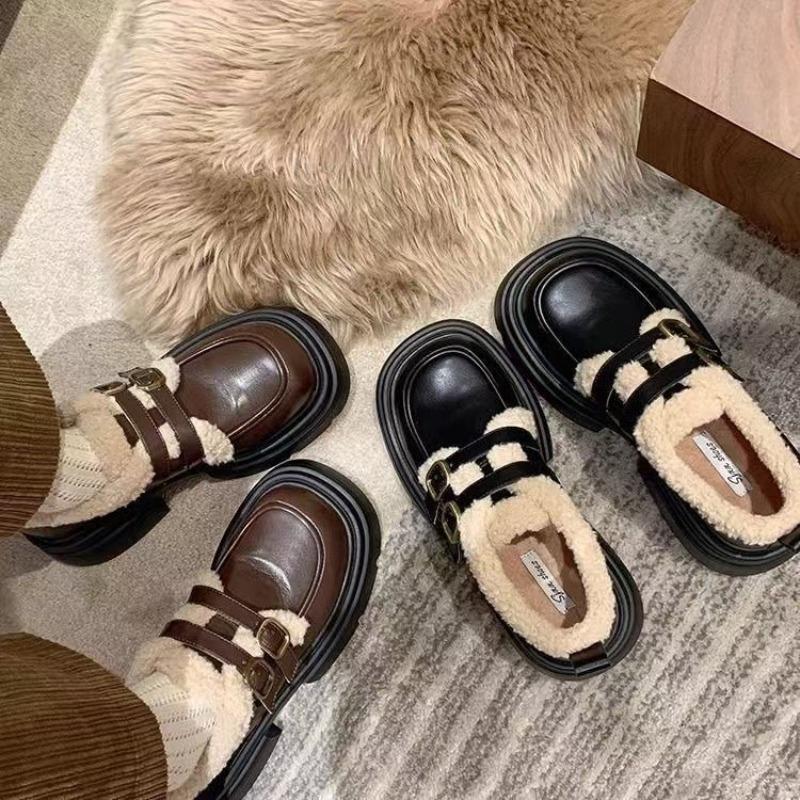 Autumn and Winter British Style Small Leather Shoes for Female  New Student's Japanese Vintage Plush Warm Cotton Shoes for Women